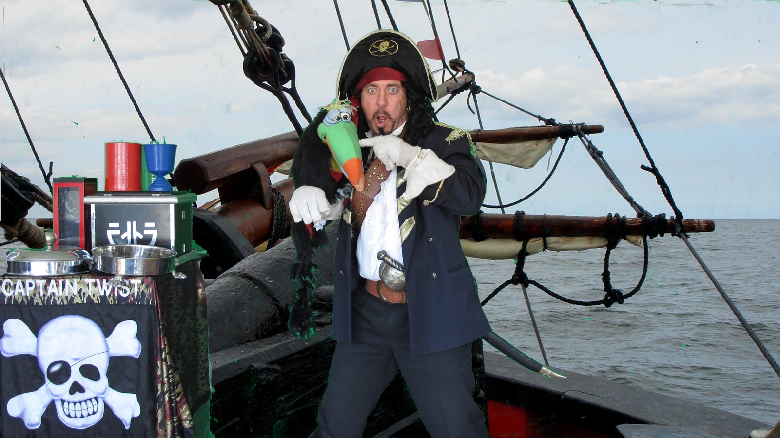 Captain Twist and Percy the parrot puppet on ship